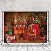 Lofaris Kranz Socken Kamin Baum Stuhl Weihnachten Hintergrund